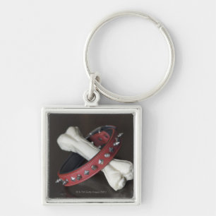 Close-up of a pet collar and a dog bone key ring