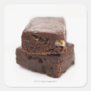Close-up of a pile of two chocolate brownies on square sticker