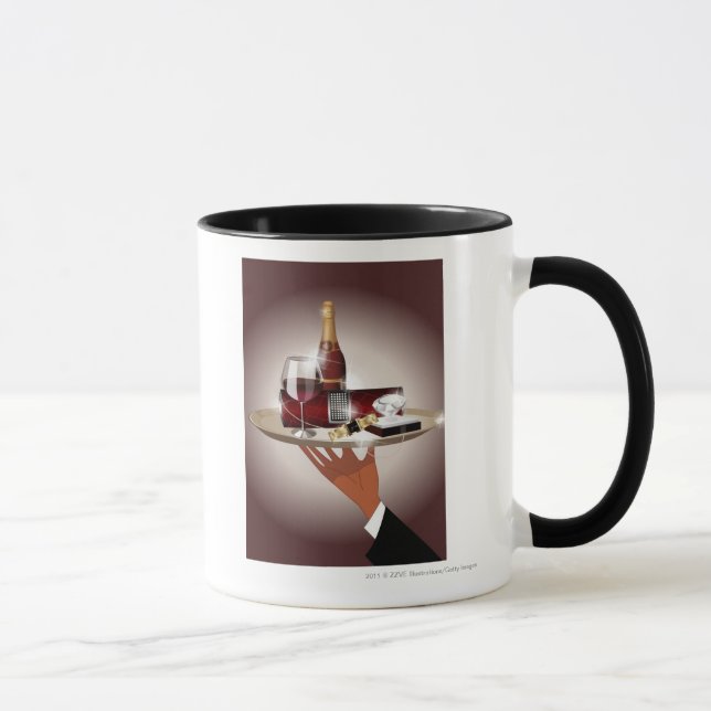 Close-up of a waiter's hand holding a tray mug (Right)