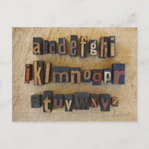 Close up of alphabet on letterpress postcard