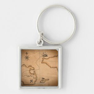 Close up of antique world map with ship route key ring