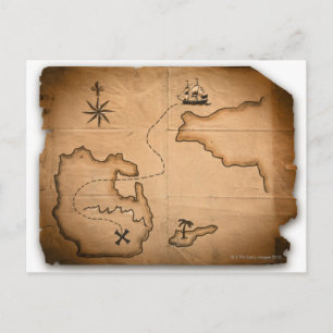 Close up of antique world map with ship route postcard