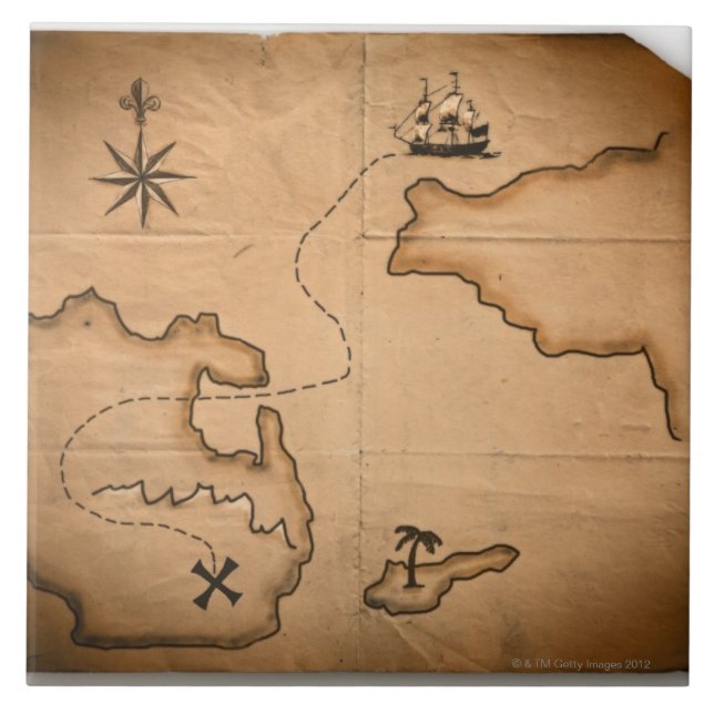 Close up of antique world map with ship route tile (Front)