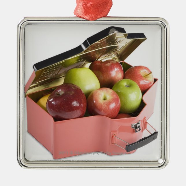 Close-up of apples in a box metal tree decoration (Front)