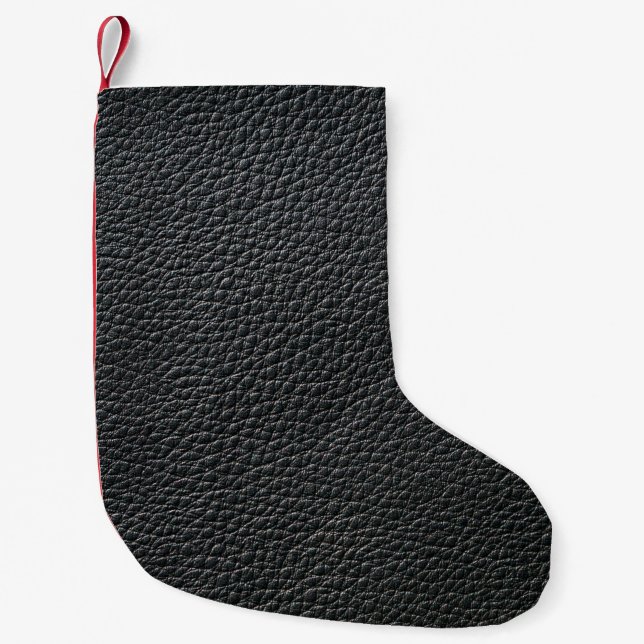 Close up of black leather texture and backgroundle small christmas stocking (Front)