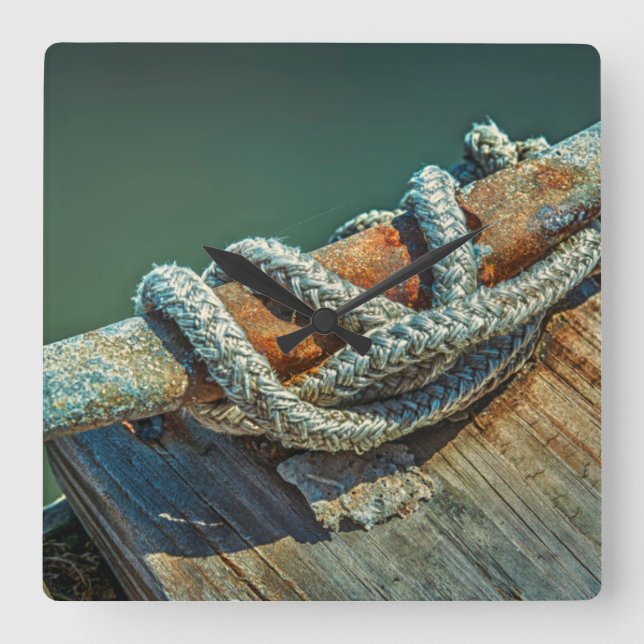 Close-up of boat cleat and rope square wall clock (Front)