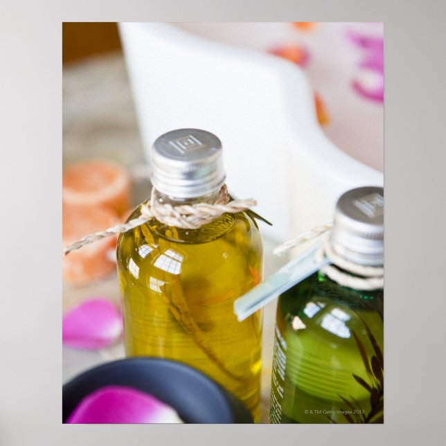 Close up of bottles with massage oils poster (Front)