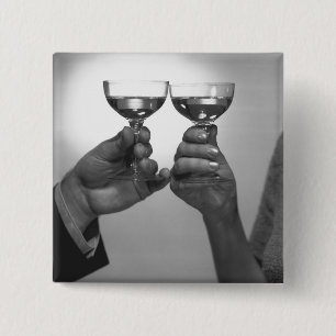 Close up of couple toasting with white wine B&W 15 Cm Square Badge