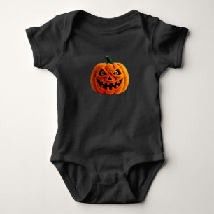 Close-Up of Crocheted Halloween Pumpkin with Scary Baby Bodysuit