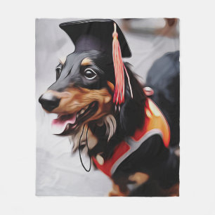 Close Up Of Dachshund Dog Wearing Graduation Hat P Fleece Blanket