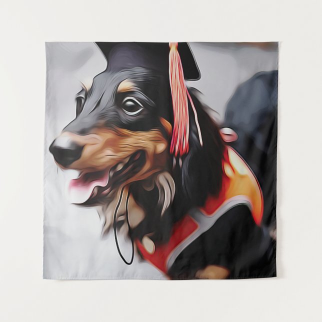 Close Up Of Dachshund Dog Wearing Graduation Hat P Tapestry (Front)