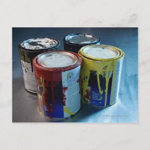 Close-up of four paint cans postcard
