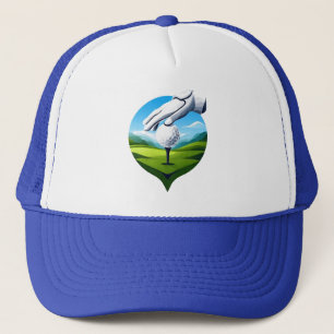 Close-Up of Golf Ball on Tee with Glove Trucker Hat