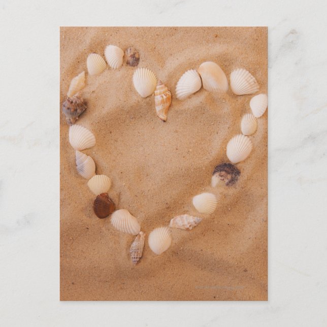 Close up of heart shape made of shells on sand postcard (Front)