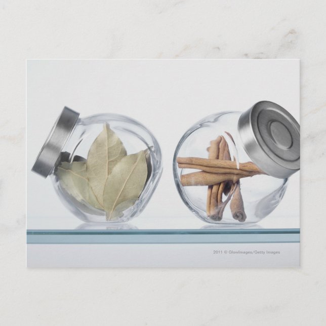 Close-up of herbs in two jars postcard (Front)