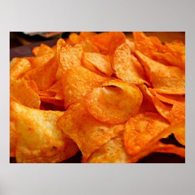 Close up of juicy, crispy, chips on black plate. poster (Front)