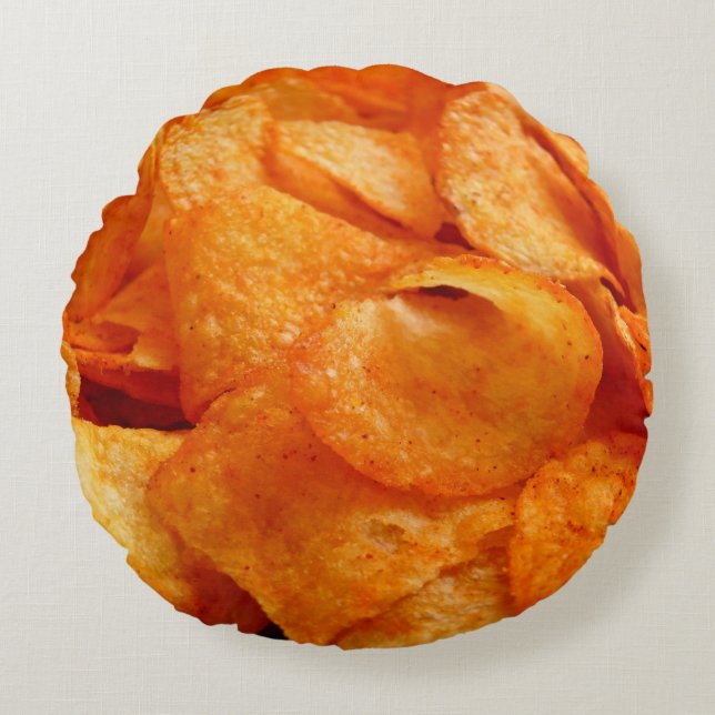 Close up of juicy, crispy, chips on black plate. round cushion (Front)