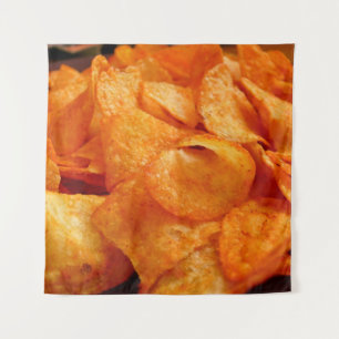 Close up of juicy, crispy, chips on black plate. tapestry