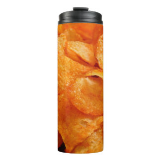 Close up of juicy, crispy, chips on black plate. thermal tumbler