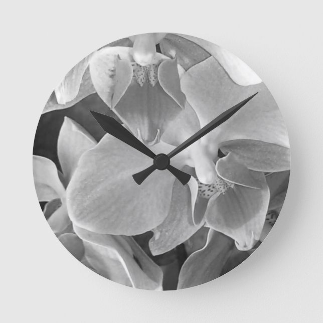 Close up of orchid blossoms in grey scale round clock (Front)