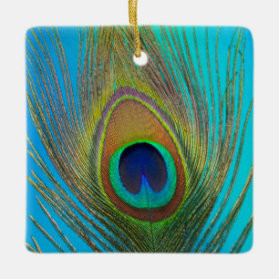 Close up of peacock feather ceramic tree decoration