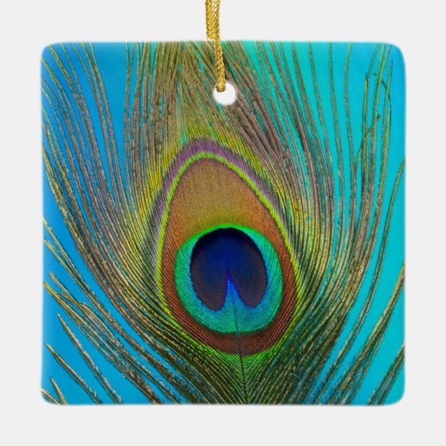 Close up of peacock feather ceramic tree decoration (Front)