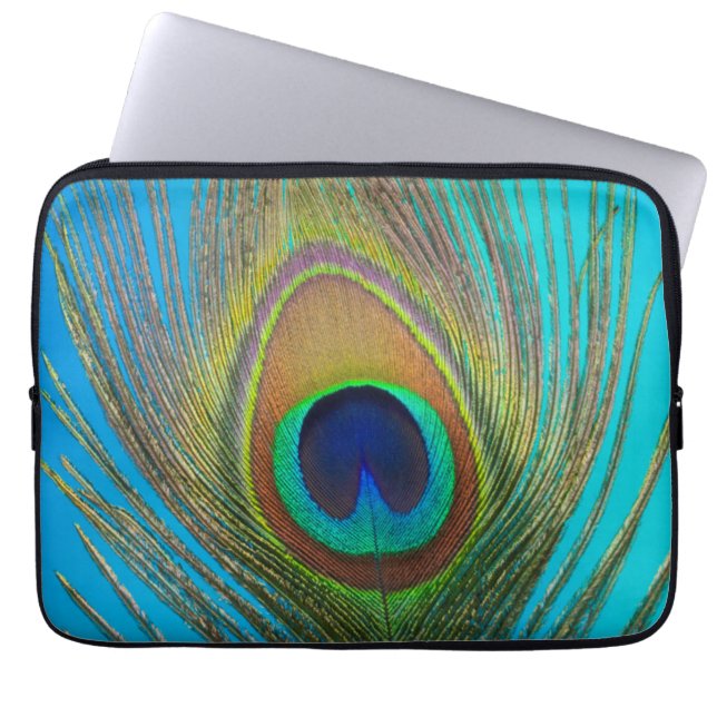 Close up of peacock feather laptop sleeve (Front)