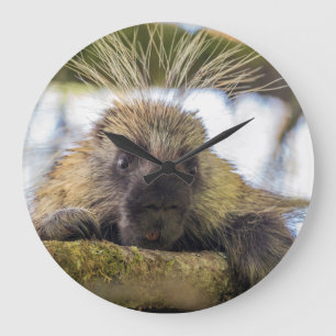 Close-up of porcupine in a tree large clock
