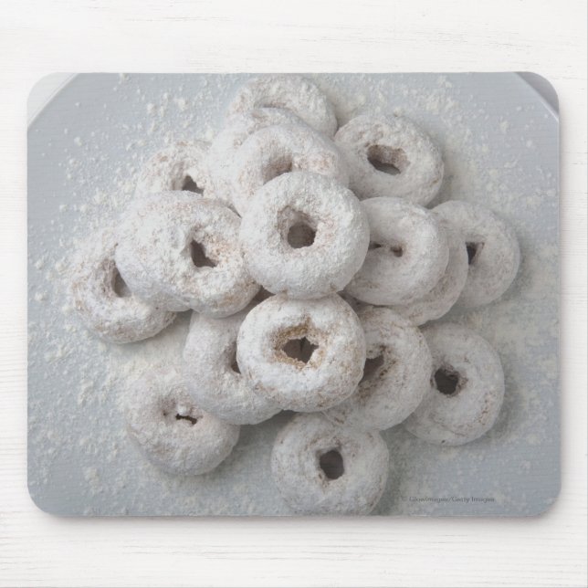 Close-up of powdered doughnuts in a plate mouse pad (Front)