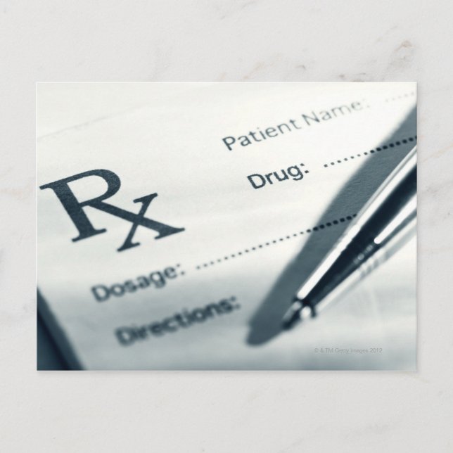 Close up of prescription pad and pen postcard (Front)