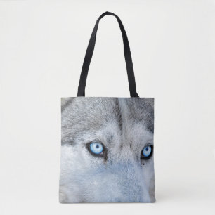 Close up of Siberian Husky with Blue Eyes Tote Bag