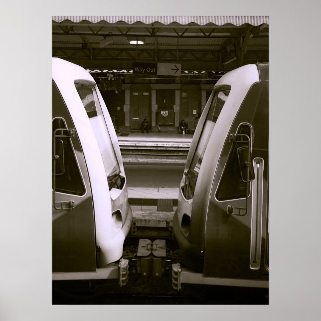 Close-Up of Two Trains at Railway Station Platform Poster (Front)