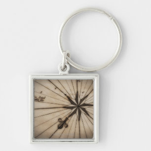Close up of wind rose on antique map key ring
