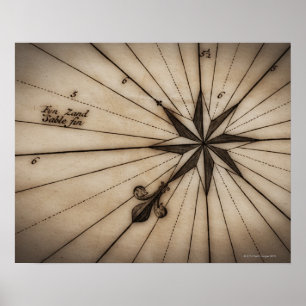 Close up of wind rose on antique map poster