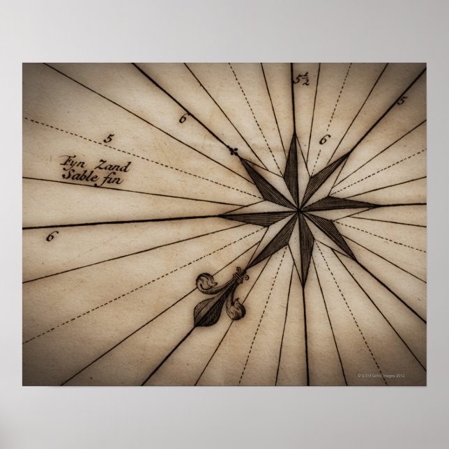 Close up of wind rose on antique map poster (Front)