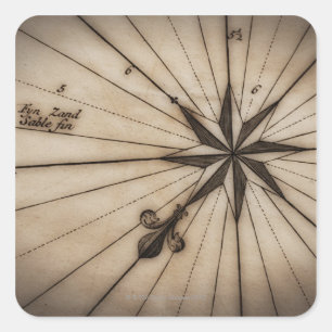 Close up of wind rose on antique map square sticker