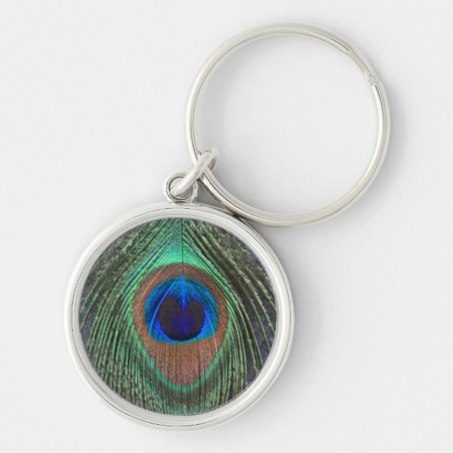 Close Up Peacock Feather on Grey Small Premium Key Ring (Front)