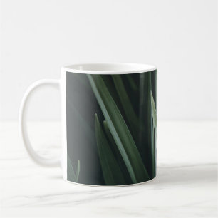 Close up photo of green linear leaves coffee mug