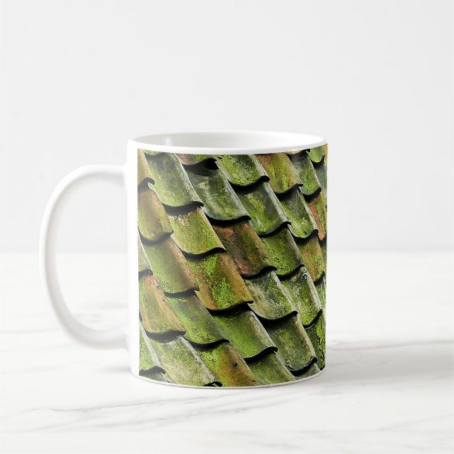 Close-up photo of green shingle roof coffee mug (Left)