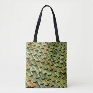 Close-up photo of green shingle roof tote bag