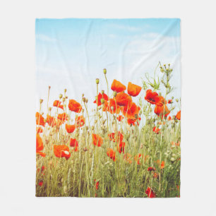 Close up poppies on field. Wild flowers in springt Fleece Blanket