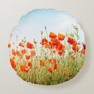 Close up poppies on field. Wild flowers in springt Round Cushion