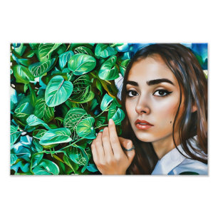 Close-Up Portrait of Woman With Lush Greenery Photo Print