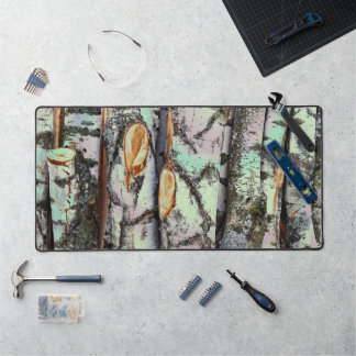 Close-up scene of birch log stumps, rustic charm desk mat