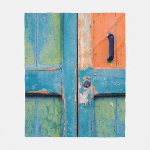 CLOSE-UP VIEW OF BLUE AND GREEN WOODEN DOOR FLEECE BLANKET