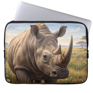 Close Up Wild Rhino Portrait In Savanna Photo Enla Laptop Sleeve