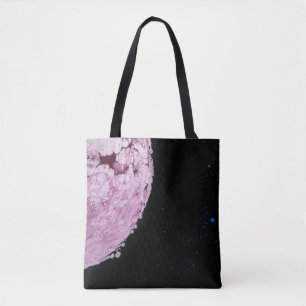 Close view of pink planet cartoon image tote bag