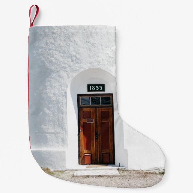 CLOSED 1852 WOODEN DOOR AT DAYTIME SMALL CHRISTMAS STOCKING (Front)