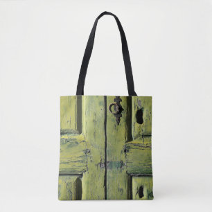 Closed brown wooden 2-panel door tote bag