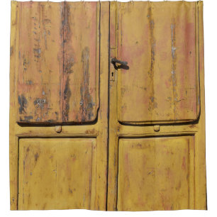 Closed brown wooden cabinet shower curtain